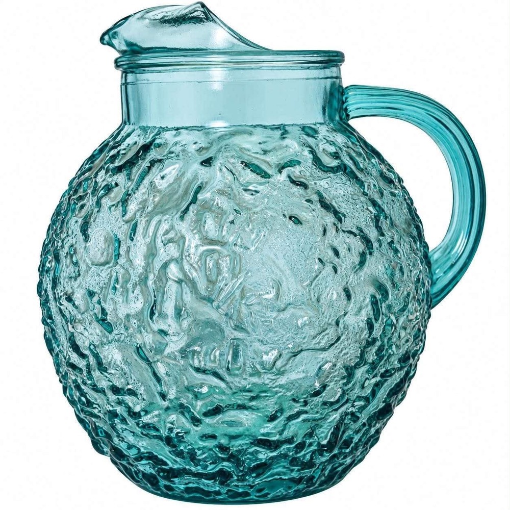 Vintage Anchor Hocking Aqua Blue Crinkle Glass Water Ball Pitcher Jug 9 Inch